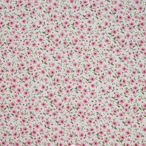 Tissu en coton, champ de roses, fond blanc, fleurettes roses et vertes, vente par 50 cm sur 150 cm de laize