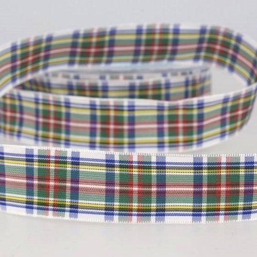 Ruban tartan écossais fond blanc, large de 16 mm, en polyester, vert bleu jaune, rouge, vente au mètre
