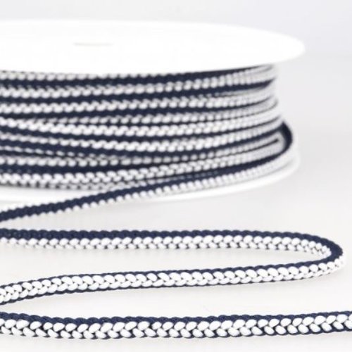 Cordon tricoté, polyester, de couleur bleu marine et blanc, 4.5 mm de haut, sacs, cols, capuches...au mètre
