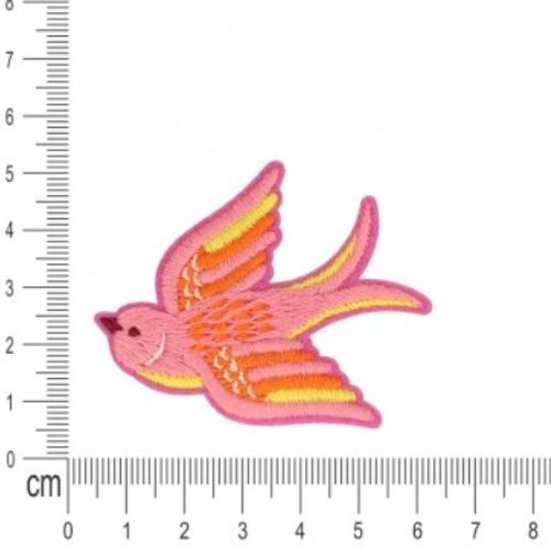 Joli écusson, oiseau, rose, ailes jaunes, roses et orangées, 6cm /5.5 cm, vente à la pièce