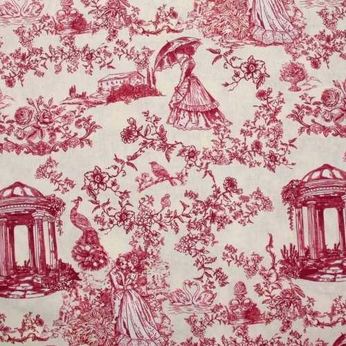 Tissu en coton, "toile de jouy", motifs bordeaux sur écru, de fabrication européenne, vente par 25 cm sur 145 cm de laize