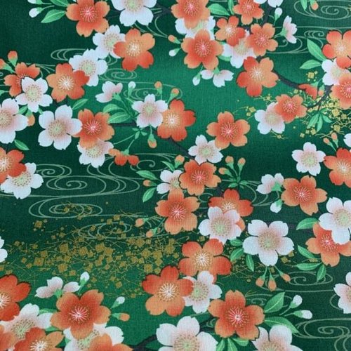 Nouveau ! tissu japonais, naka, des fleurs sur un plan d'eau, tons orangés sur vert, coton, vente par 25 cm sur 110 cm de laize