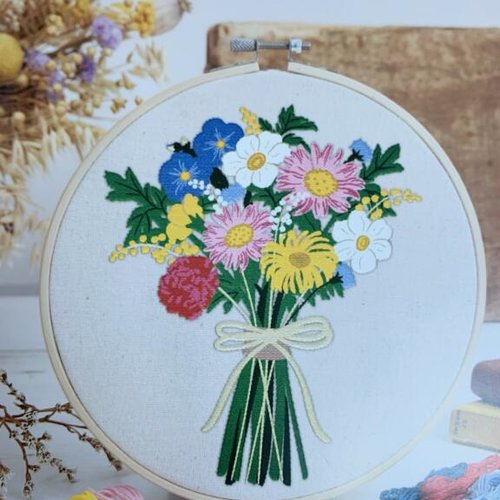 Kit de broderie, rhs, multicolore, "bouquet", contient le cercle de 21 cm bambou, fils toile aiguille, vente à la pièce