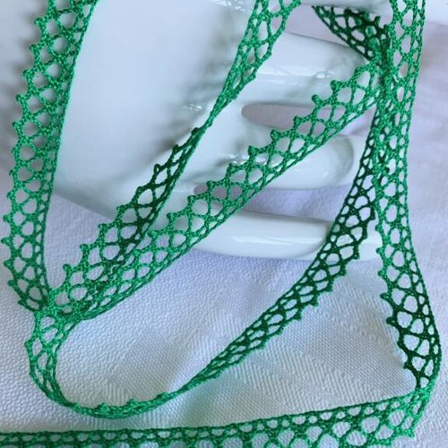 Dentelle en coton, du puy en velay, 10 mm de large, vert émeraude,  filet, vendue au mètre