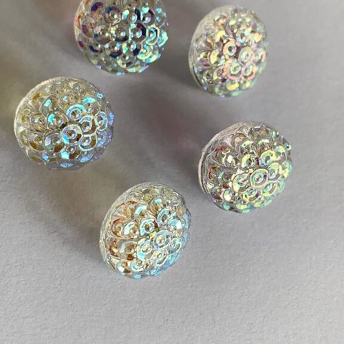 Bouton en verre, cristal de bohème, 11 mm, blanc et irisé, aurore boréale, corsage, vente à l'unité