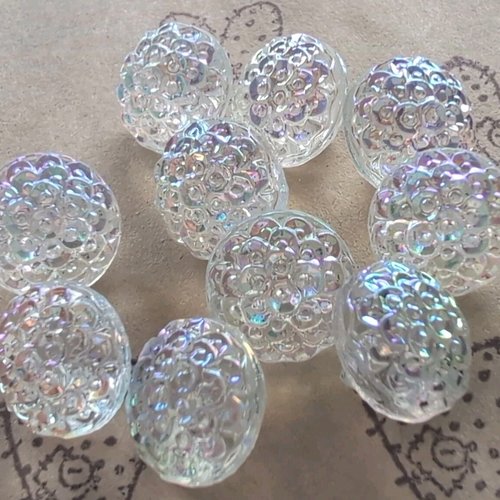 Bouton en verre, rond,cristal de bohème, 11 mm, transparent et irisé, aurore boréale, vêtement, vente à l'unité