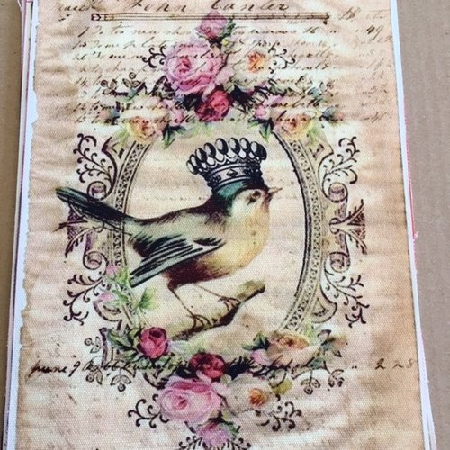 Appliqué, tissu teint, l'oiseau roi, coupon de coton et lin, de 15/20 cm, tons roses et verts, noir, vente à la pièce