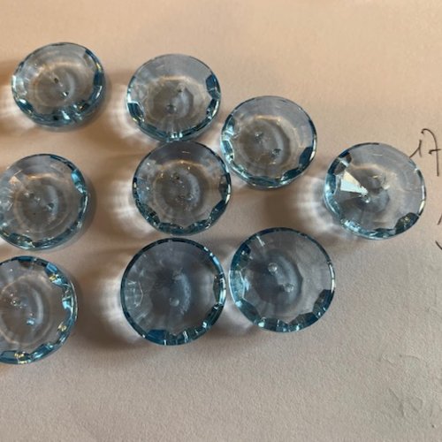 Boutons, en verre bleu clair, moulés, pressés, creux, ronds, 18 mm de diamètre, deux trous, décoration, à la pièce