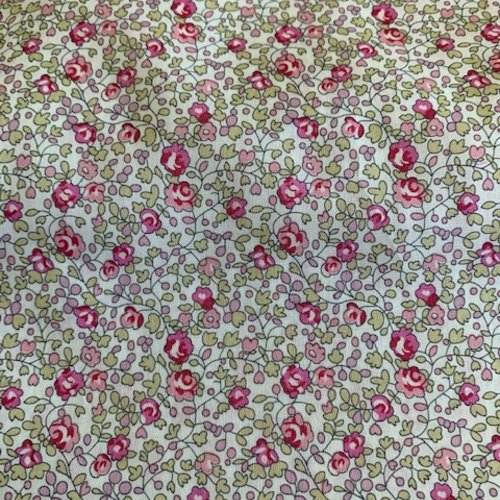 Tissu liberty fabrics, tana lawn, ® eloise, en coton, fond blanc, fleuri, rose, kaki clair, lilas, vente par 25 cm sur 136 cm