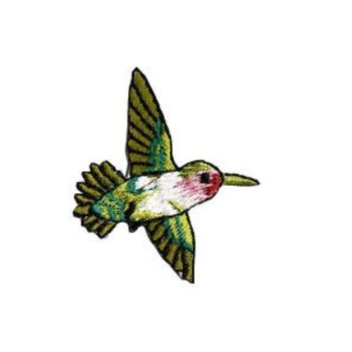 Appliqué, à coller, de petit colibri, vert blanc et rose, 4.4/4.5 cm, brodé, vente à la pièce
