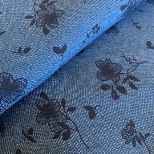 Tissu jean's, bleu imprimé, fleurs, dessins noirs, étoffe large de 144 cm, vêtements, décoration, vente par 25 cm de haut