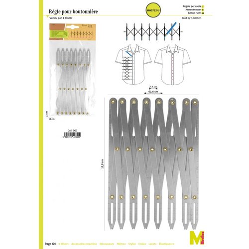 Règle  pour boutonnières, extensible, qui mesure 15 ,8 x 61,6 cm, en aluminium, précision absolue !