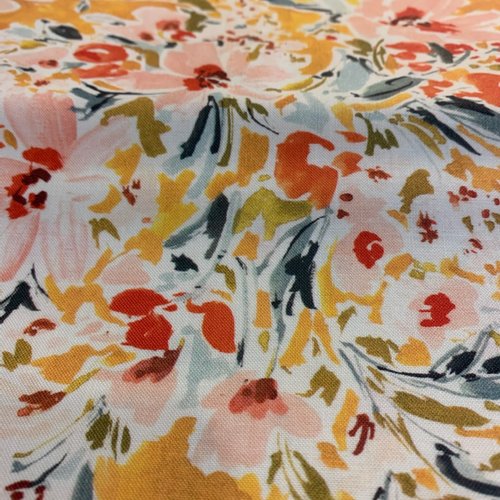 Tissu dashwood, de designer, en coton, motif floral superbe, tons de safran, rose, gris bleu, laize de 110 cm, vente par 25 cm