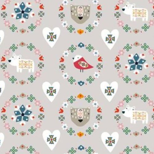 Tissu coton dashwood, le temps de l'hiver, oiseau, flocon, rosace, fleur, animaux, vente par 25/110 cm