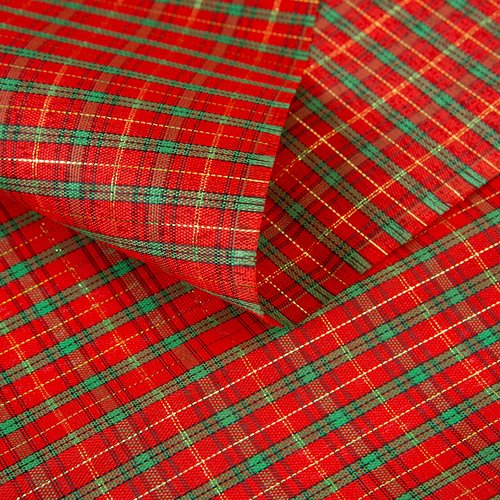 Noël ! coupon de tissu, carreaux tartan, polyester et lurex, vert rouge et doré, 130 cm/170 cm, léger