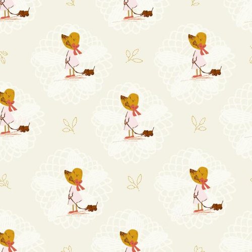 Tissu en coton, collection nostalgia, fillette et son chien, lisa dolson, dashwood, teintes douces en harmonie vente par 25/110 cm