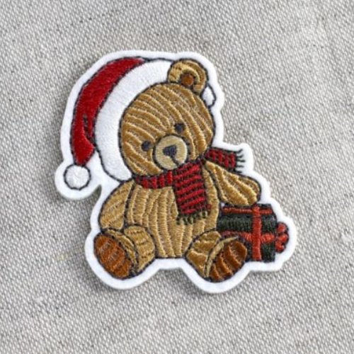 Thème noël : ourson à bonnet rouge et blanc, avec cadeau, écharpe, appliqué à coller, coudre, 5/3.5 cm, vente à l'unité