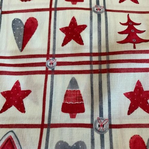 Noël : tissu en coton, large de 148 cm, fond bis, motifs bordeaux, gris, très élégant, étoile, oiseau, coeur, vente pat 25 cm de haut