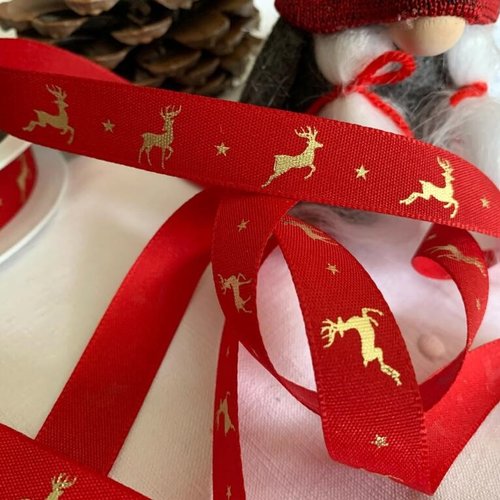 Noël : nouveau ruban, bérisfords, large de 15 mm, fond rouge, avec des cerfs dorés, vente au mètre
