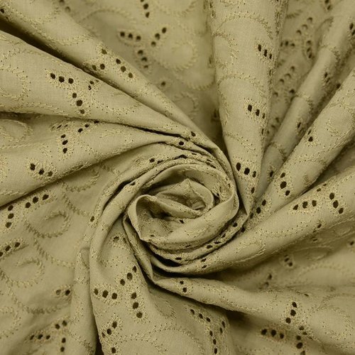 Broderie anglaise, en coton, de couleur kaki, arabesques, habillement printemps-été, vente par 25 cm sur 140 cm de laize