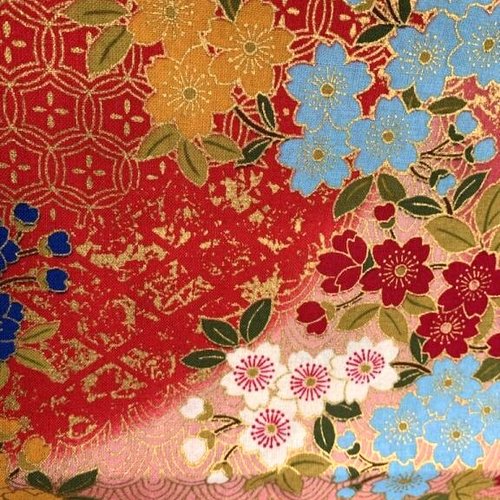 Tissu en coton, tissé au japon, de marque naka, toyama, rouge, bleu, doré, grappes fleurs et fruits, vente par 25 cm/110 cm