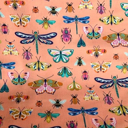 Tissu dashwood en coton, la nature, des papillons exceptionnels avec des insectes colorés, sur corail, vente par 25 cm/110 cm de large
