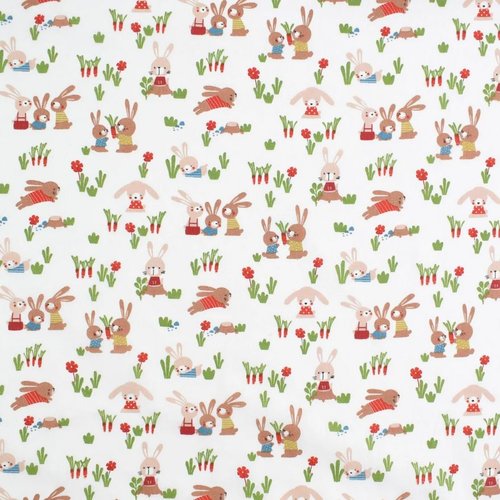 Nouveau : tissu coton avec des lapins, fond blanc, pâques, large de 140 cm, vente par multiples de 25 cm de haut