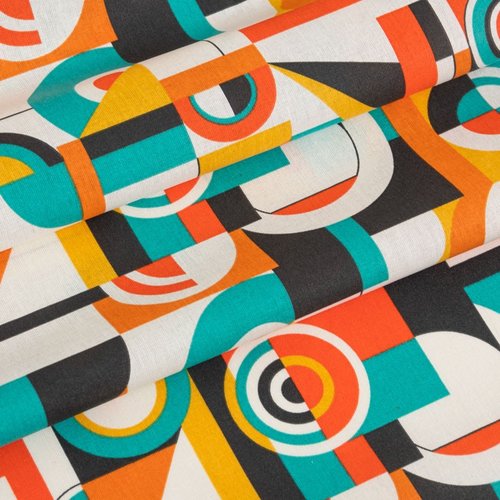 Nouveau : tissu vintage, neuf, en coton, large de 160 cm, orange et turquoise, vente par 50 cm de haut