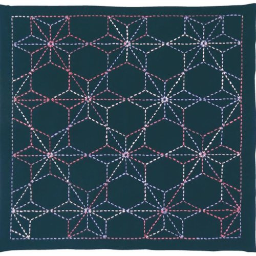 Kit d'initiation au sashiko,  hanafukin 205 tissu 33x66 mm, aiguille, fil, tons roses sur bleu, à la pochette