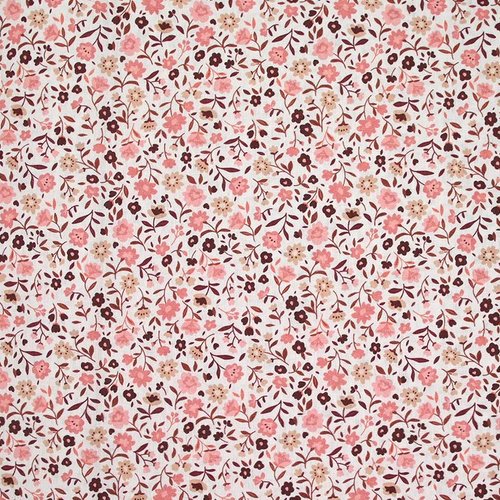 Tissu en coton, une myriade de fleurs, fond blanc, motifs roses, fuchsia, pourpre, vente par 50 cm sur 150 cm de laize