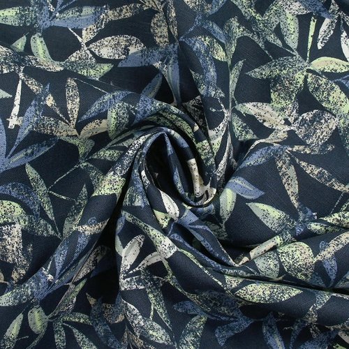 Tissu en coton et lin, 45 % et 55 % respectivement, nature, bleu vert, feuilles, vente par multiples de  25/130 cm