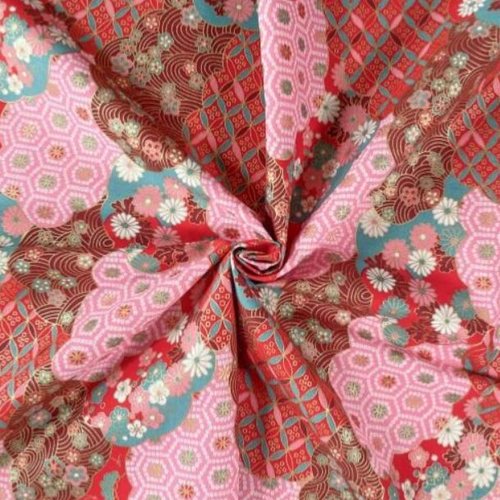 Tissu japonais, de marque naka, tout en coton, large de 110 cm, rouge, rose, doré, blanc, vente par 25 cm de haut