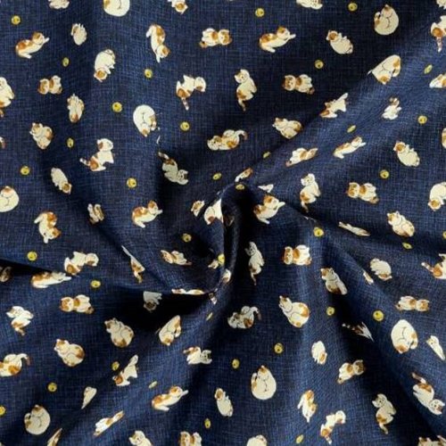 Tissu japonais, sevenberry, en coton, bleu, des chats, jouants avec des balles jaunes, vente par 25/110 cm