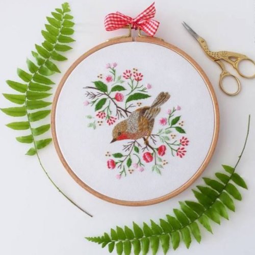 Kit de broderie, oiseau rouge-gorge dans les fleurs, 21/21 cm, tamar ny designer, vente à l'unité
