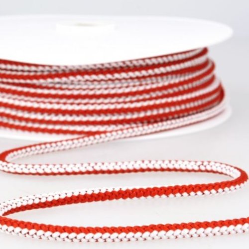 Cordon tricoté, polyester, de couleur rouge et blanc, 4.5 mm de haut, sacs, cols, capuches...au mètre