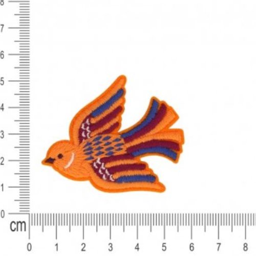Bien bel écusson, oiseau, orangé, ailes bordeaux, vertes et blanches, 6cm /5.5 cm, vente à la pièce