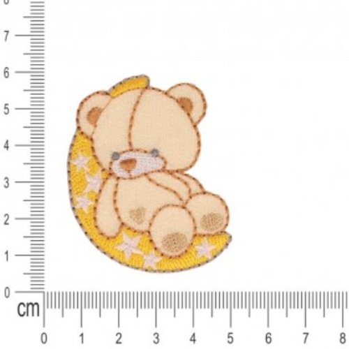 Ecusson doudou, voici un ourson sur la lune étoilée, haut de 6 cm et large de 5 cm, beige, vente à la pièce