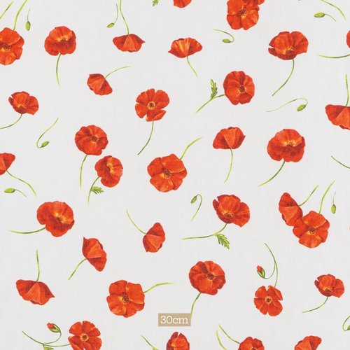 Des coquelicots, pour ce tissu en coton,blanc cassé, large de 150 cm, vente par 50 cm de haut