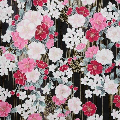 Nouveau : tissu japonais, de marque naka, en coton, des fleurs rouge rose et blanches sur noir,  vente par 25 cm de haut sur 110 cm de laize