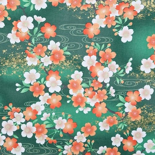 Nouveau ! tissu japonais, naka, des fleurs sur un plan d'eau, tons orangés sur vert, coton, vente par 25 cm sur 110 cm de laize