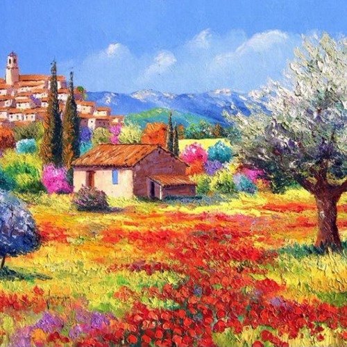 Appliqué en toile de coton, à fixer, paysage de provence, mas et arbres en fleurs, 20/25 cm