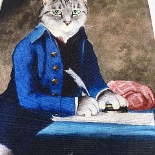 Appliqué à fixer, coudre, coller, en toile peinte, ici le chat au bureau, 20.5 cm/15 cm dominante bleue