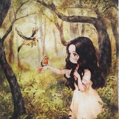 Appliqué à fixer, coudre, en coton et lin peints, fillette aux oiseaux en forêt, 25/20 cm  superbe !