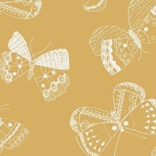 Tissu en coton, haute qualité, whindam fabrics, papillons blancs dessinés sur fond moutarde, 50 cm de haut, 55 de large