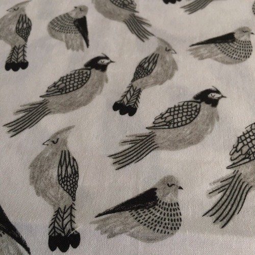Tissu en coton, patchwork, origine eu,  fond blanc, oiseaux endormis noirs et gris, 55cm/50 de haut