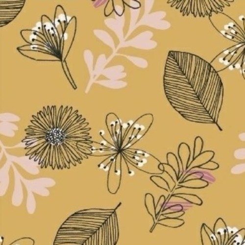 Tissu en coton, patchwork, couleur moutarde, ocre, feuilles et fleurs stylisées, noir, blanc, rose, moderne, 55 cm/50 de haut