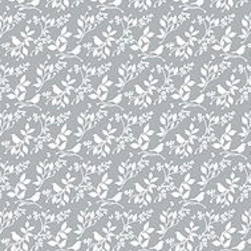 Tissu en coton, patchwork, fond gris, thème des oiseaux, sur les branches blanches et gris clair, feuillages, 55/50 cm