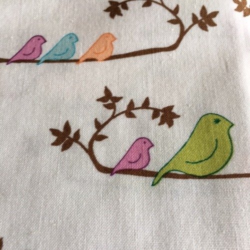 Tissu en coton, thème des oiseaux, fond blanc, sobre, trois oiseaux sur branche marron, 52/45 cm, neuf