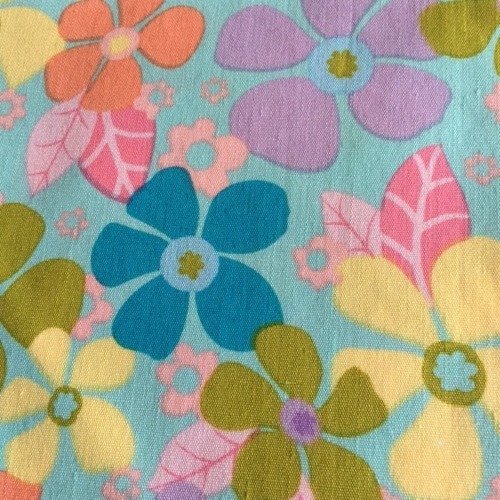Tissu en coton, fond turquoise, fleurs de printemps, mauves, roses, jaunes, orangées, coupon de 98 cm/156 cm