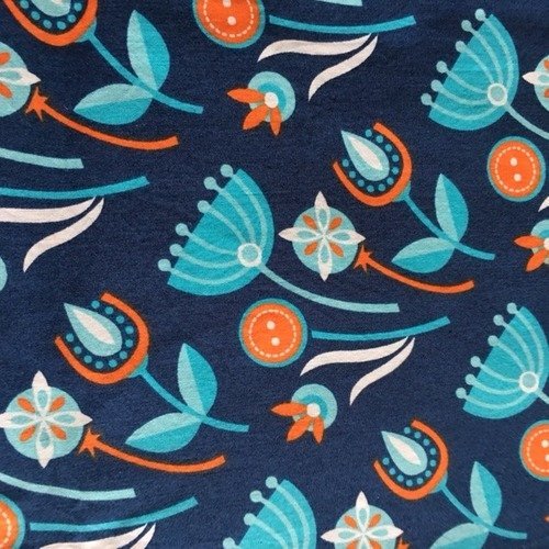 Tissu en coton, très lumineux, fond bleu marine, fleurs géométriques modernes, turquoise, orangé vente par 70 cm/78
